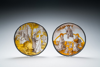 Two painted glass roundels depicting 'The Last Judgment' &amp; 'Abraham sees Sodom in flames', Southern Netherlands, probably 19th C.