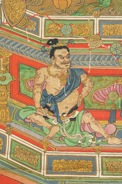 Chinese school: 'Buddha seated on a lotus throne', ink and colour on paper, 18th C.