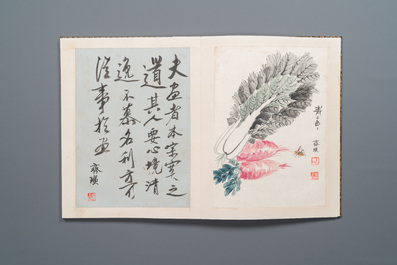 After Qi Baishi 齊白石 (1864-1957): Album with 6 floral works accompanied by calligraphy, ink and colour on paper