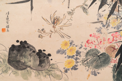 Navolger van Wang Xuetao 王雪濤 (1903-1982): 'Vogels bij bloesems' inkt en kleur op papier, gedateerd 1940