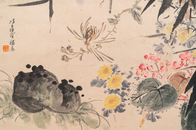 Suiveur de Wang Xuetao 王雪濤 (1903-1982): 'Oiseaux et fleurs', encre et couleurs sur papier, dat&eacute; 1940