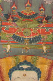 Ecole chinoise: 'Bouddha assis sur tr&ocirc;ne de lotus', encre et couleurs sur papier, 18&egrave;me