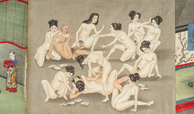 Japanse school: een shunga emaki (erotische handscroll), inkt en kleur op zijde, Edo/Meiji, 18/19e eeuw