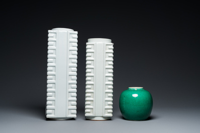 Two Chinese white-glazed 'cong' vases and an apple green jar, 19/20th C.