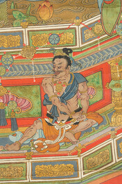 Chinese school: 'Buddha seated on a lotus throne', ink and colour on paper, 18th C.