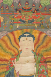 Ecole chinoise: 'Bouddha assis sur tr&ocirc;ne de lotus', encre et couleurs sur papier, 18&egrave;me