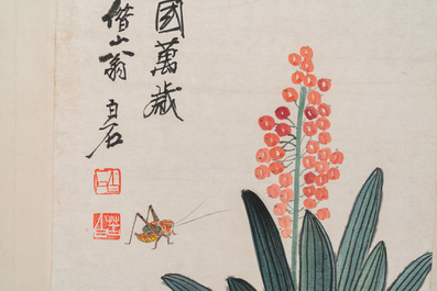 Navolger van Qi Baishi 齊白石 (1864-1957): Album met 6 florale werken met kalligrafie, inkt en kleur op papier