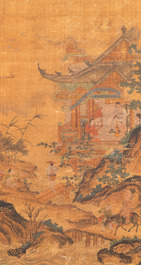 Chinese school: 'Scholars in a pavilion', ink and colour on silk, probably Ming