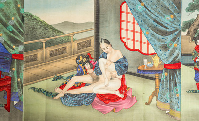 Japanse school: een shunga emaki (erotische handscroll), inkt en kleur op zijde, Edo/Meiji, 18/19e eeuw