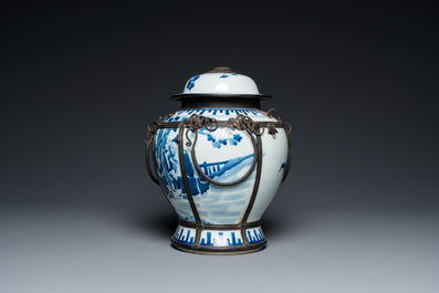 A Chinese blue and white vase and cover mounted as a water pipe for the Vietnamese market, Daoguang mark, 19th C.