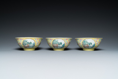 Three Chinese famille rose yellow sgraffito-ground bowls, Daoguang mark and possibly of the period