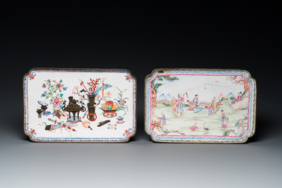 Two Chinese rectangular Canton enamel trays, Yongzheng/Qianlong