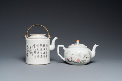 Une th&eacute;i&egrave;re en porcelaine de Chine qianjiang cai sign&eacute;e Lin Jinshan 林謹善 et dat&eacute;e 1887 et une en famille rose, marque et &eacute;poque de Guangxu