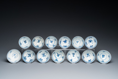 13 Chinese blue and white 'rabbit hunt' cups and 10 saucers, Qianlong mark, 19th C.