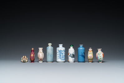 Nine Chinese porcelain snuff bottles, 19/20th C.
