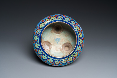 A Chinese blue-ground Canton enamel dish and a censer, Yongzheng/Qianlong