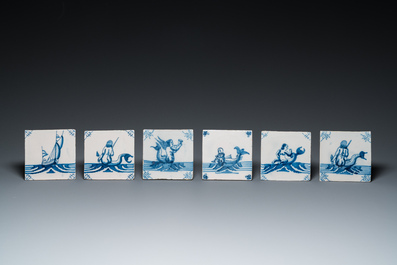 30 Dutch Delft blue and white tiles with sea monsters and ships, 18th C.