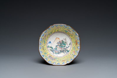 A Chinese yellow-ground Canton enamel bowl, Yongzheng/Qianlong