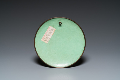 Two Chinese Canton enamel boxes and covers and a plaque, 19/20th C.