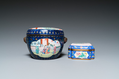 Two Chinese Canton enamel boxes and covers and a plaque, 19/20th C.