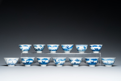 13 Chinese blue and white 'rabbit hunt' cups and 10 saucers, Qianlong mark, 19th C.