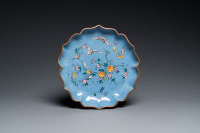 A Chinese blue-ground Canton enamel dish and a censer, Yongzheng/Qianlong