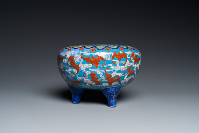 A Chinese blue-ground Canton enamel dish and a censer, Yongzheng/Qianlong