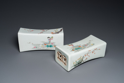 A pair of Chinese famille rose neck rests, Republic