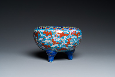 A Chinese blue-ground Canton enamel dish and a censer, Yongzheng/Qianlong