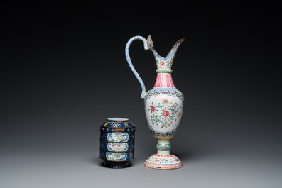 Two Chinese Canton enamel dishes, a ewer, a mirror handle and a stacking box, 18/19th C.