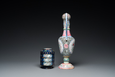 Two Chinese Canton enamel dishes, a ewer, a mirror handle and a stacking box, 18/19th C.