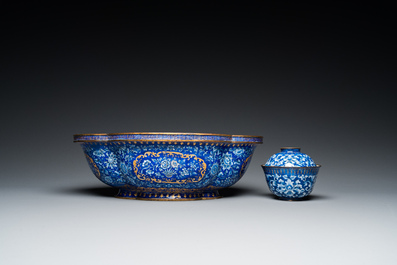 A Chinese blue-ground Canton enamel basin and a covered bowl on stand, Qianlong/Jiaqing