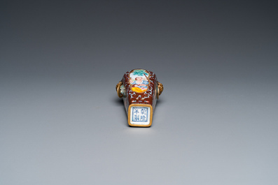 A square Chinese Canton enamel vase with Europeans, Qianlong mark and probably of the period