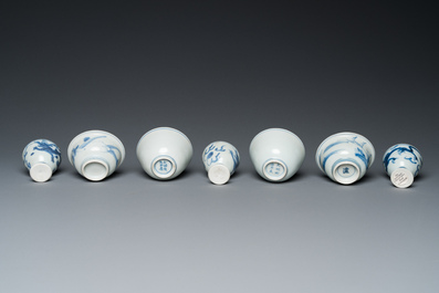 Four Chinese blue and white 'Hatcher cargo' bowls and three stem cups, Transitional period
