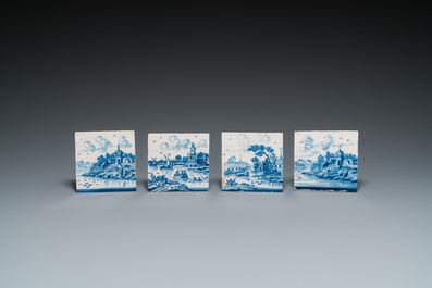 Neuf carreaux en fa&iuml;ence de Delft en bleu et blanc &agrave; d&eacute;cor de paysages, 18&egrave;me