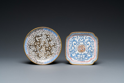 Two Chinese Canton enamel 'dragon' saucers, Qianlong/Jiaqing