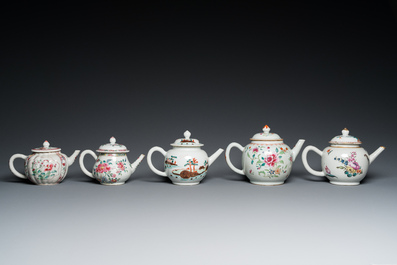 Five Chinese famille rose teapots, Yongzheng/Qianlong