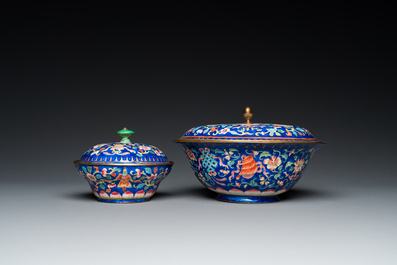 Two Chinese blue-ground Canton enamel bowls and covers, Qianlong/Jiaqing