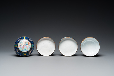 Two Chinese Canton enamel dishes, a ewer, a mirror handle and a stacking box, 18/19th C.