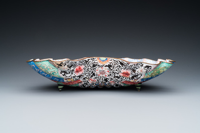 A Chinese Canton enamel shell-shaped basin and a helmet-shaped ewer, Qianlong