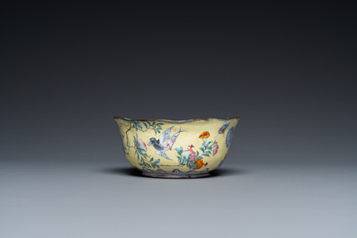 A Chinese yellow-ground Canton enamel bowl, Yongzheng/Qianlong