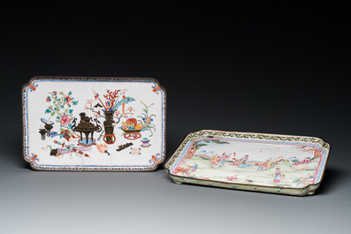 Two Chinese rectangular Canton enamel trays, Yongzheng/Qianlong