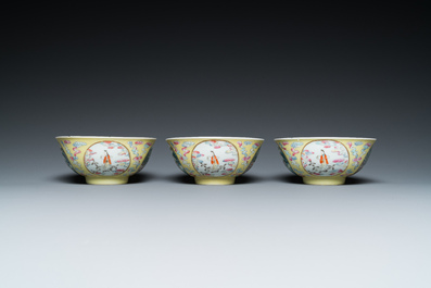 Three Chinese famille rose yellow sgraffito-ground bowls, Daoguang mark and possibly of the period