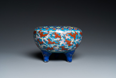 A Chinese blue-ground Canton enamel dish and a censer, Yongzheng/Qianlong