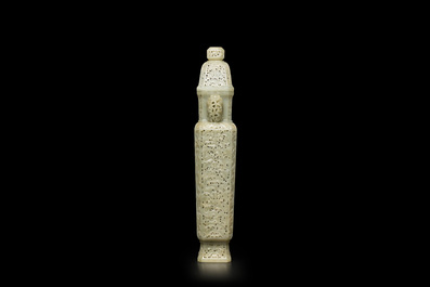 A Chinese reticulated celadon jade vase and cover, Republic