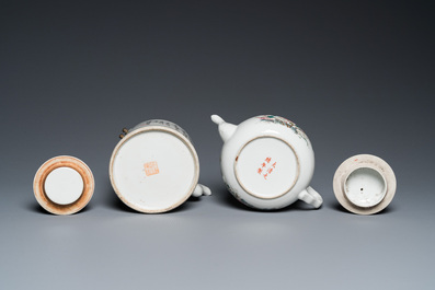 A Chinese qianjiang cai teapot signed Lin Jinshan 林謹善 and dated 1887 and a famille rose teapot, Guangxu mark and of the period