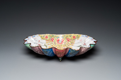 A Chinese Canton enamel shell-shaped basin and a helmet-shaped ewer, Qianlong