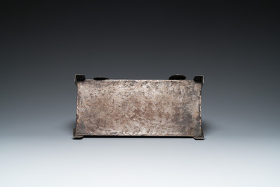 Alfred Daguet (Paris, 1875-1942): A Gothic revival repouss&eacute; brass and copper-mounted metal box with glass cabochons, ca. 1900