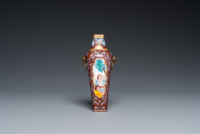 A square Chinese Canton enamel vase with Europeans, Qianlong mark and probably of the period