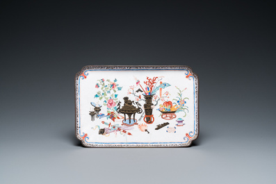 Two Chinese rectangular Canton enamel trays, Yongzheng/Qianlong